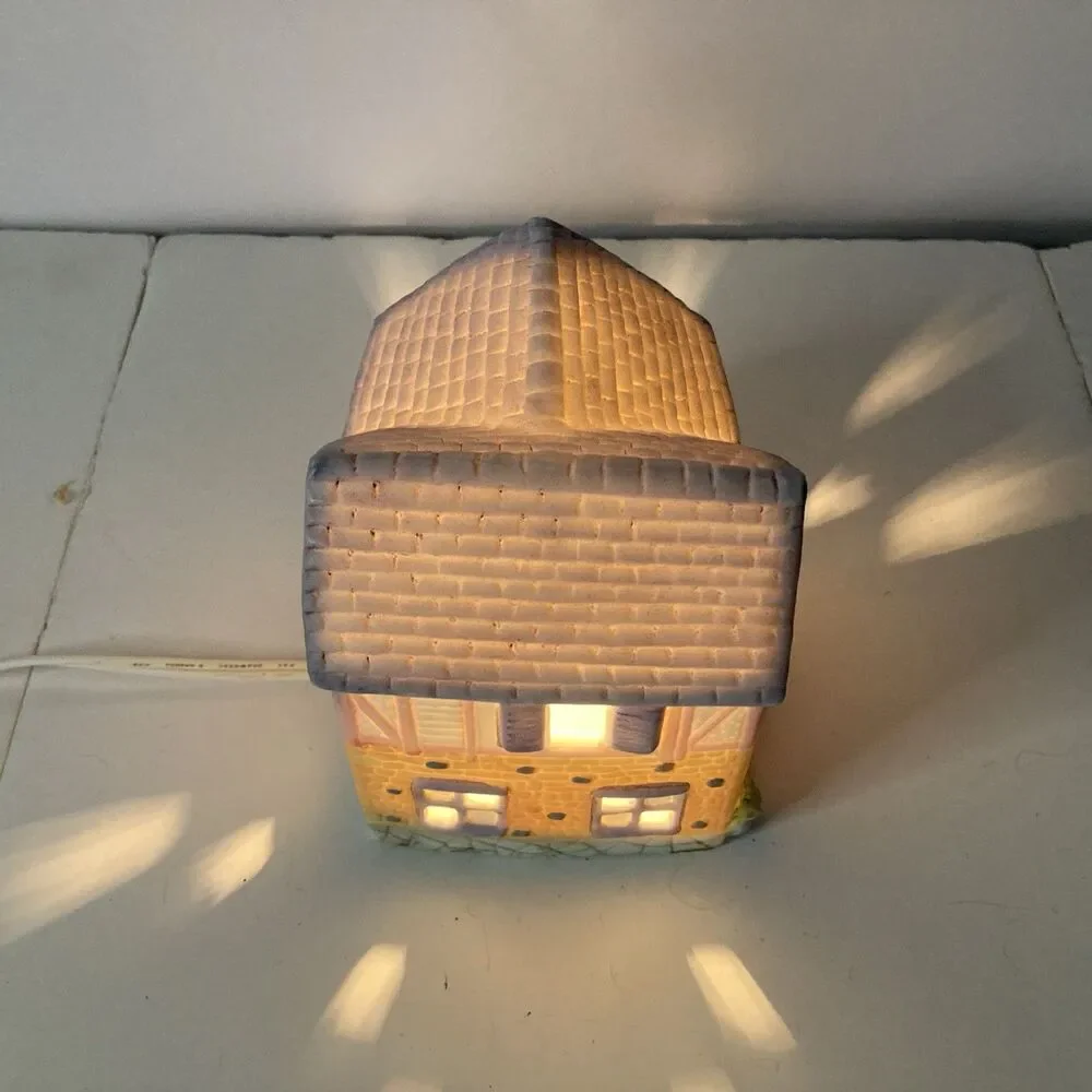 Lighthouse Cobblestone Home Village House 4” x 5” Vintage Light-Up Decor Shelf